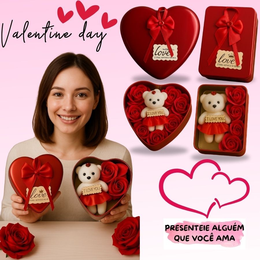 Dia das Mães Namorados Caixa de Presente Coração Metal com Ursinho e Rosas Dia das Mães Namorados