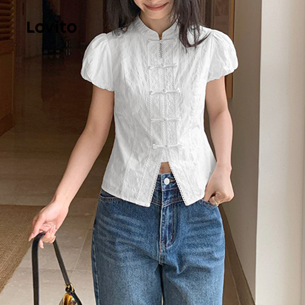 (Trendy) Lovito Blusa Elegante Botão Blusa Verão/Primavera Para Mulheres L125AD369 em Oferta na Shopee