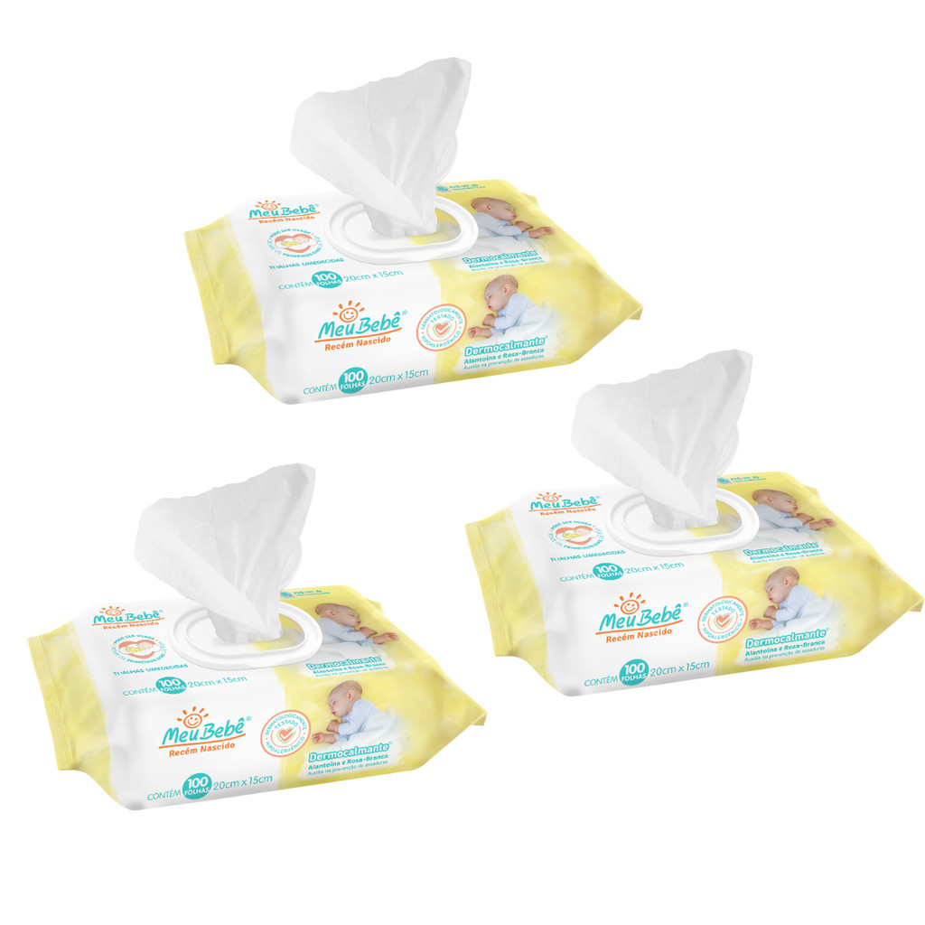 Kit 3 Toalha Umedecida Meu Bebê RN Dermocalmante 100und