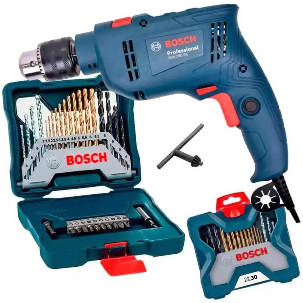 Furadeira de Impacto 1/2 Pol 550W com Reversão GSB550 com Estojo 30 Peças X-Line Titânio BOSCH em Oferta na Shopee
