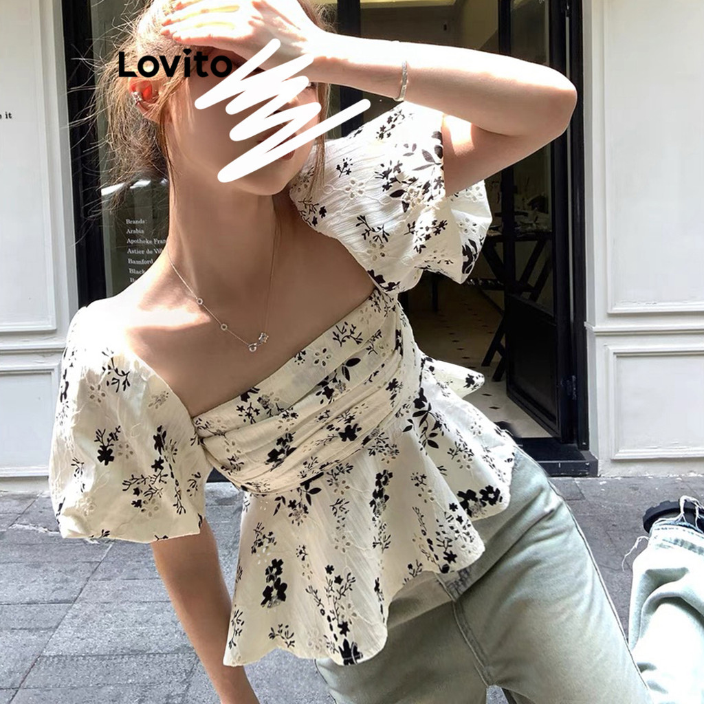 Lovito Blusa Casual Blusa Plissada Floral Para Mulheres LNA21172 (Multicolorido) em Oferta na Shopee