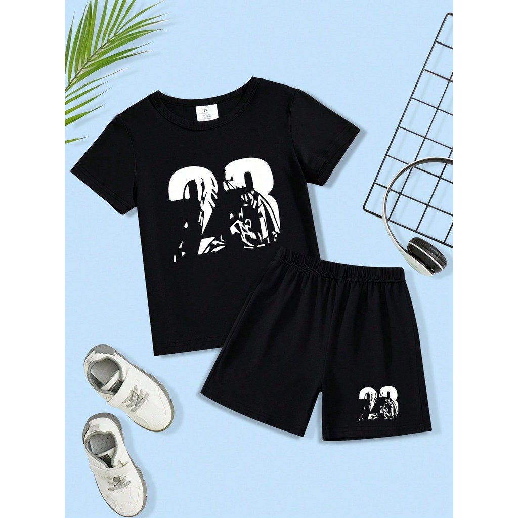 2 peças/Conjunto Camiseta de Manga Curta com Estampa Numérica e Shorts Infantis para Meninos, Conjunto de Verão