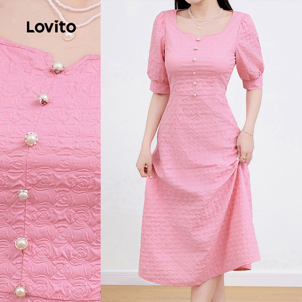 (Trendy) Lovito Elegante Botão Liso Linha Primavera/Verão Vestido Rosa Vermelho Para Mulheres L135A2D468 - Women Clothes