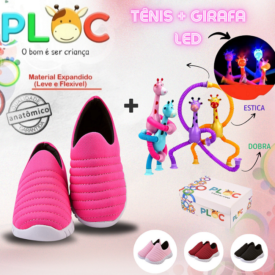 Kit Divertido Ploc - Tênis Calce Fácil Anatômico+ Girafa Ploc LED Estica e Puxa MENINA