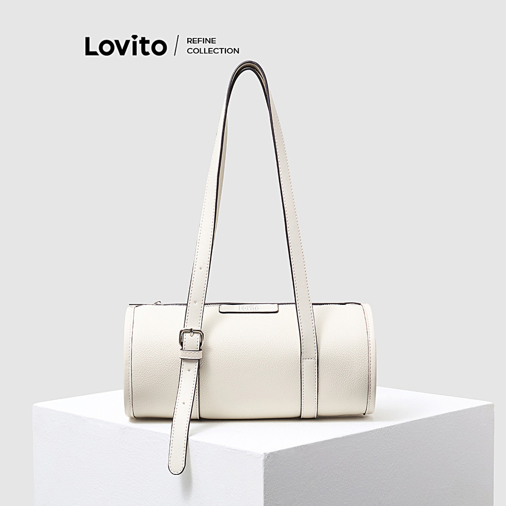 (Lovito Refine) Bolsa casual lisa com textura de barril, bolsa de ombro pequena para mulheres L111FD029 em Oferta na Shopee