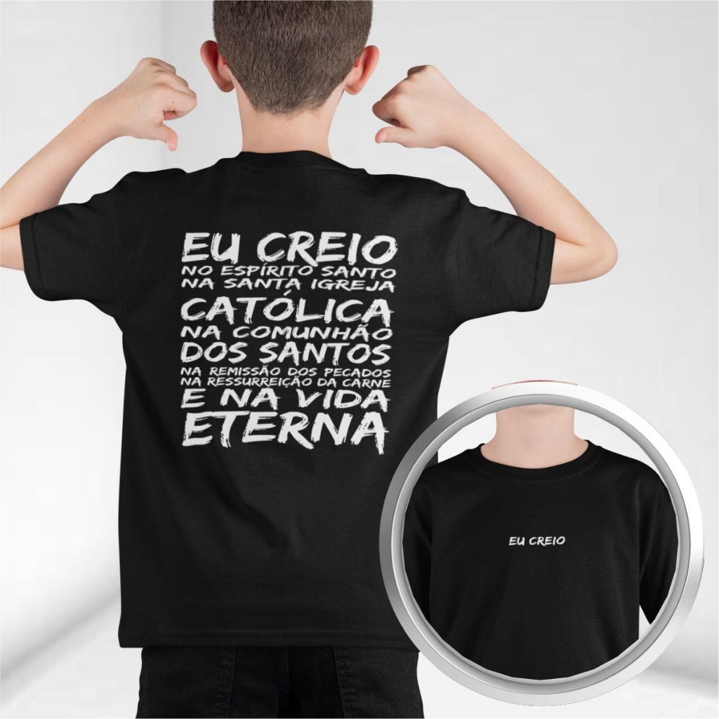 Camiseta Infantil Masculina Creio Camisa Juvenil Jesus Manga Curta 100% Algodão Varias Cores