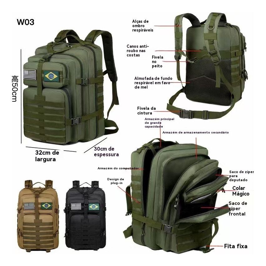Mochila Tática Camping Militar 50 Litros Resistente A Água W03 Yobel.Loja