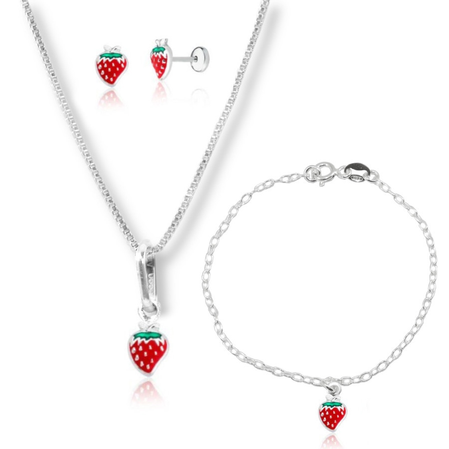 Conjunto Colar Brinco Pulseira Morango Infantil Prata