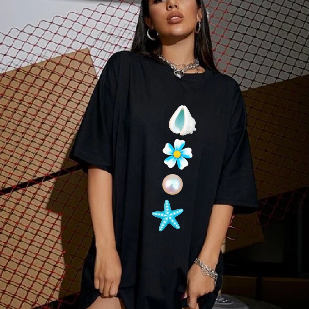 Camiseta Feminina Estrela Marinha Flor Concha Blusa Unissex Streetwear 2025 Novo