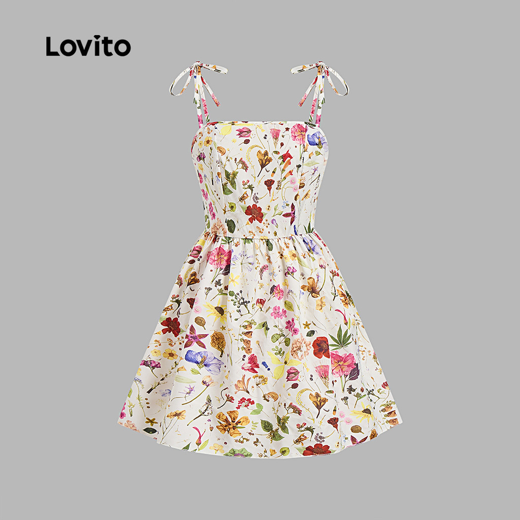 (Trendy) Lovito Vestido Casual Floral Drapeado Com Laço E Renda Primavera/Verão Multicolorido Para Mulheres L136AD146