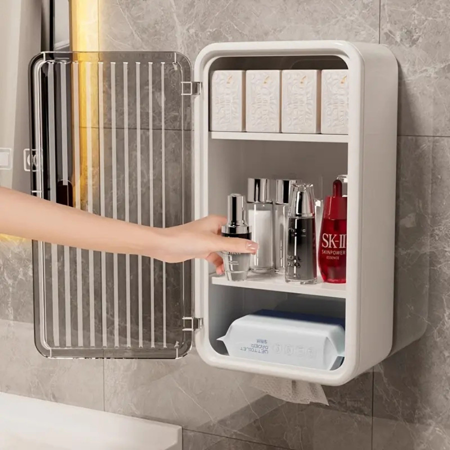 Organizador e Armário para Banheiro com Suporte para Papel - Bege Marrom Transparente