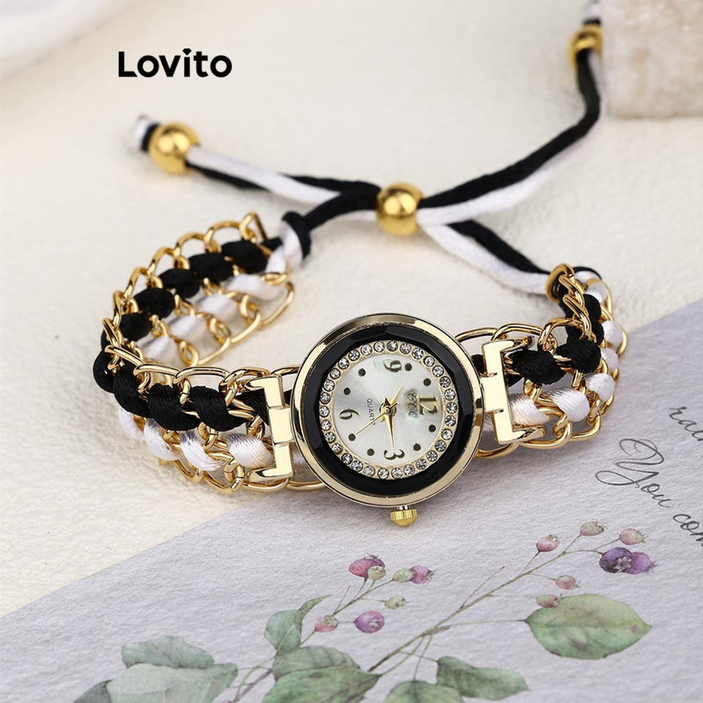 Lovito Relógio casual com pulseira trançada de metal colorblock simples relógio de quartzo para mulheres LFA37382