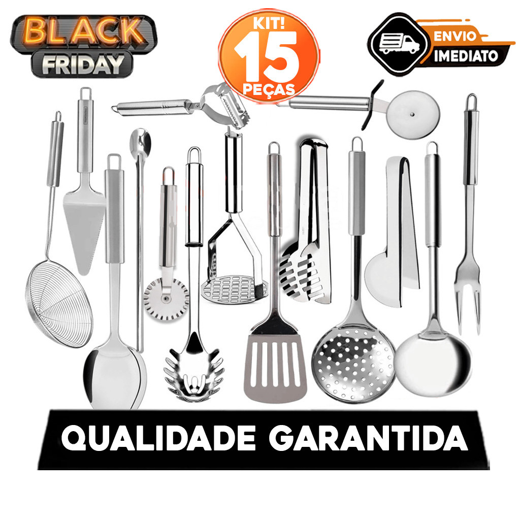 Kit 15 Utensílios de Cozinha em Aço Inox Completo Escolha o Modelo Ideal