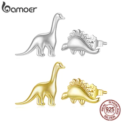 Bamoer 925 Brincos De Prata Esterlina Dois Tons Assimétrico Dinossauro Arte Design Moda Anti-Alergia Jóias Presente Femi