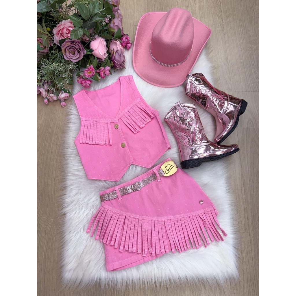 Conjunto Infantil Menina Blogueirinha Boiadeira Cowgirl Country Franja Rosa