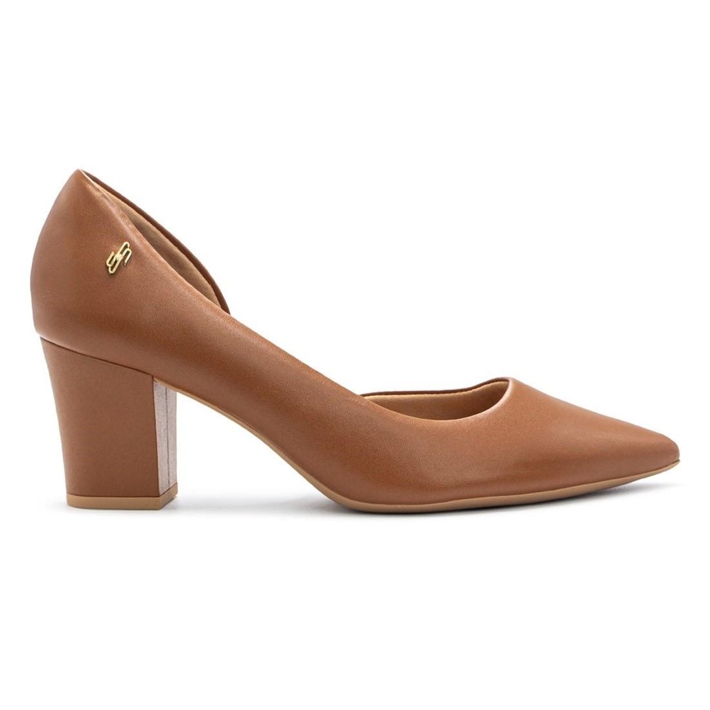Scarpin Usaflex Feminino Em Couro Salto Bloco Bico Fino Detalhe Costura AL4105