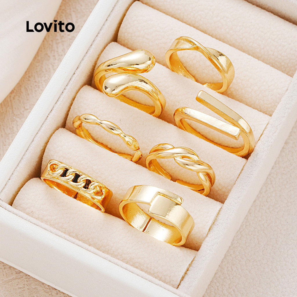 Detalhes do Lovito Refine Anéis Geométricos Polidos de Metal Liso Para Mulheres LFA82169