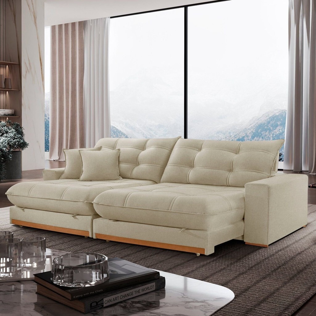 Sofá Retrátil 3 Lugares 250cm Linho Belize Linho Bege em Oferta na Shopee