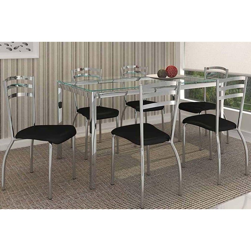 Conjunto: Mesa de Cozinha Reno c/ Tampo Vidro 150cm + 6 Cadeiras Portugal Cromado/Courano Preto - Kappesberg - Home & Living