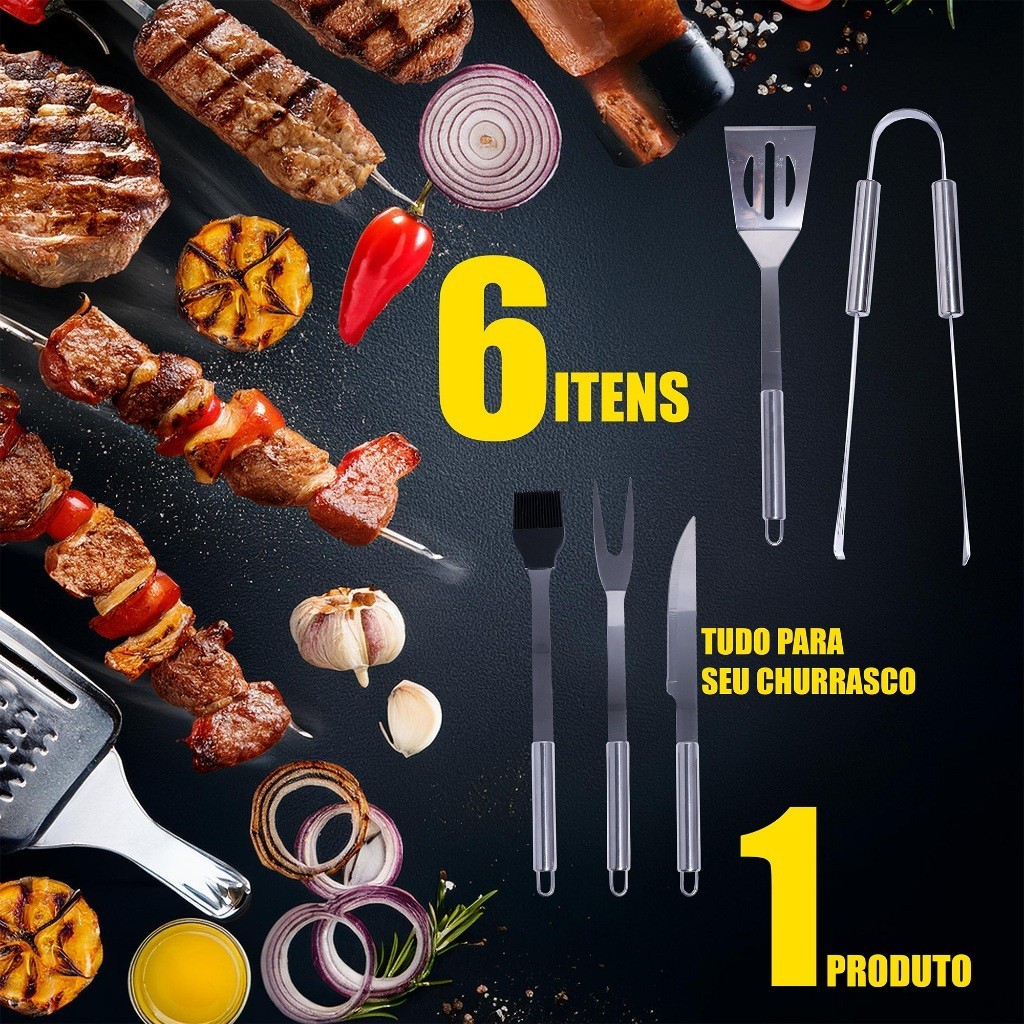 Kit Churrasco Inox Completo Alta Resistência Multi Funções Fácil Limpeza Acompanha Maleta Organizadora Faca Espátula