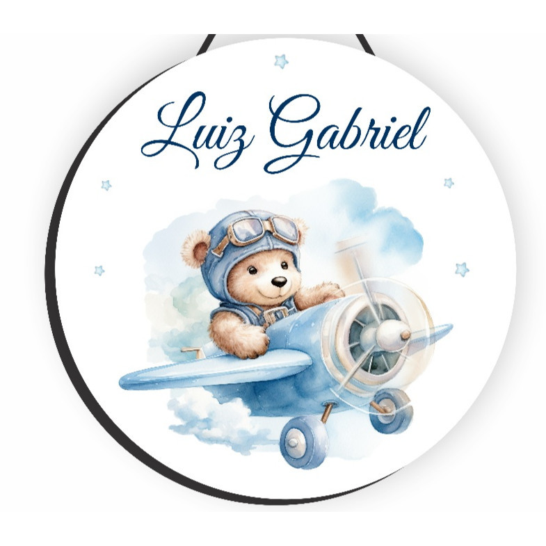 Enfeite Porta Maternidade Urso Aviador Aquarela, Ursinho Baby - Nome personalizado - GUIRLANDA