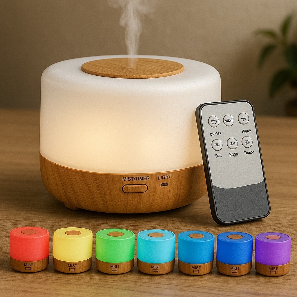 Difusor Madeira Ultrassonico 500ml Umidificador Ar Aromatizador De Aromas Com Led Oleo Essencial