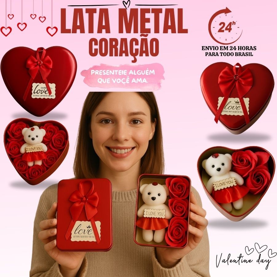 Caixa de Presente Coração Metal com Ursinho e Rosas Dia das Mães Namorados