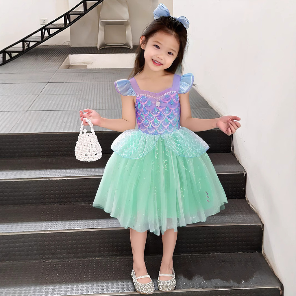 Meninas mangas voadoras estilingue gaze saia bebê menina verão doce lantejoulas traje sereia vestido de princesa em Oferta na Shopee