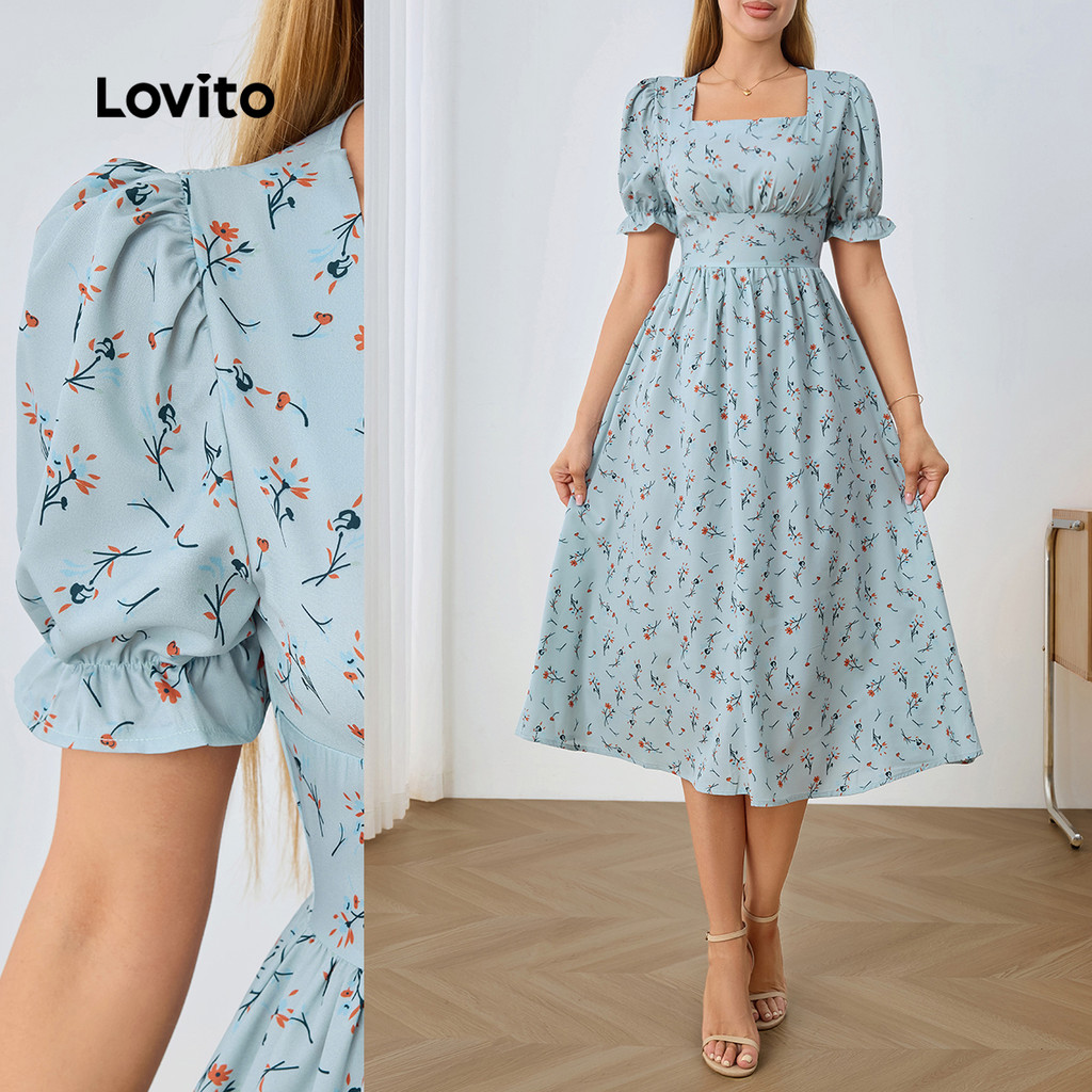Lovito Vestido Casual Com Babados E Babados Padrão Vestido Multicolorido Para Mulheres LBL25038 - Women Clothes