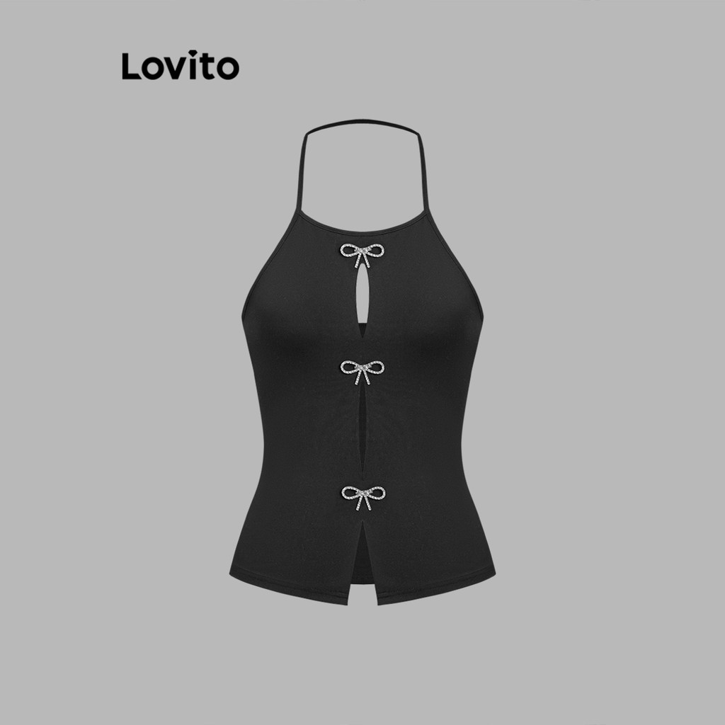 Lovito Regata Fofa Com Laço Liso Frontal E Strass Recortado Regata Para Mulheres L106AD117 - Women Clothes