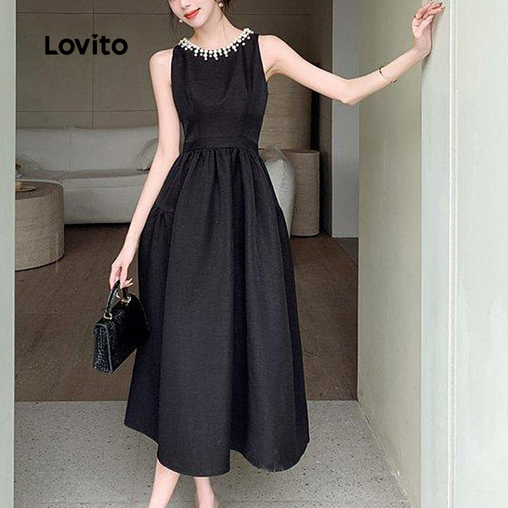 Lovito Vestido Preto Elegante Com Pérolas Lisas Plissadas Primavera/Verão Para Mulheres LNL103541 - Women Clothes