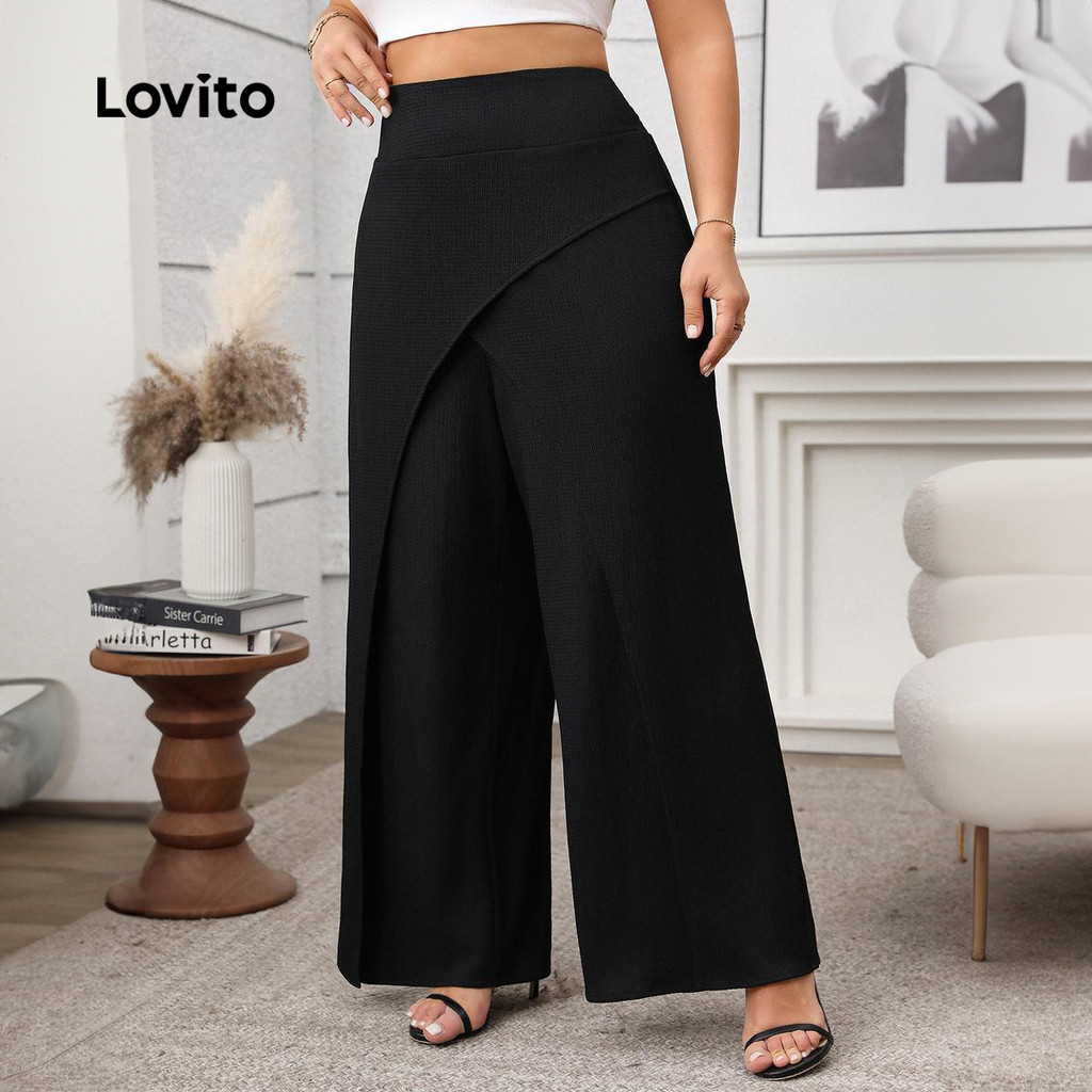 Lovito Calça Casual Curva Plus Size Calça Assimétrica Lisa Para Mulheres LNE99060 - Women Clothes