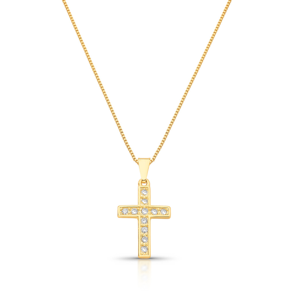Conjunto Colar e Brinco Dourado Banhado a Ouro 18k  Cruz Brilhante MUK Semijoias