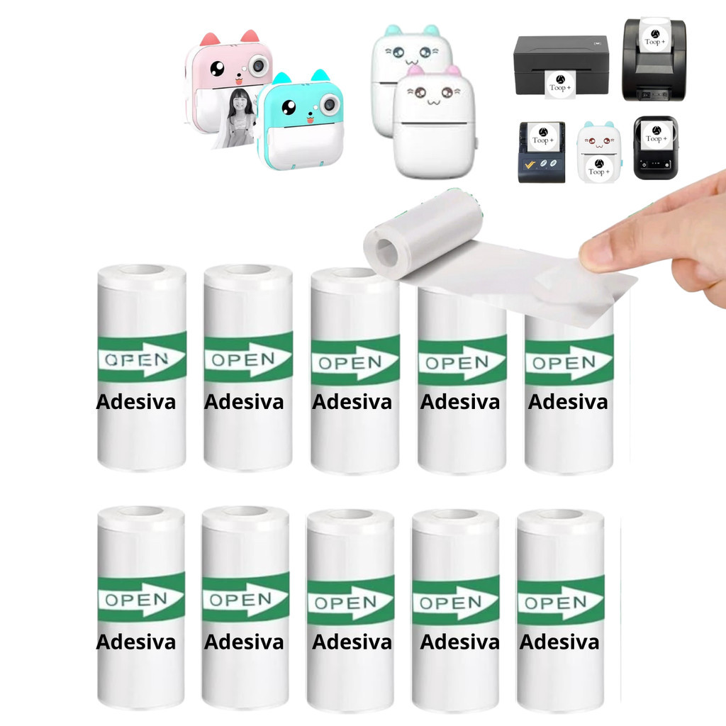 Kit 10 Bobina Etiqueta Térmica Adesiva 57x30mm Branco Rolo Mini Impressora Portátil Resistente a água