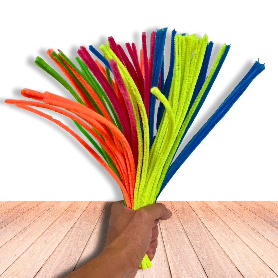 Kit 100 Hastes de Chenille 30cm Neon Sortido Limpador de Cachimbo - Rizzo