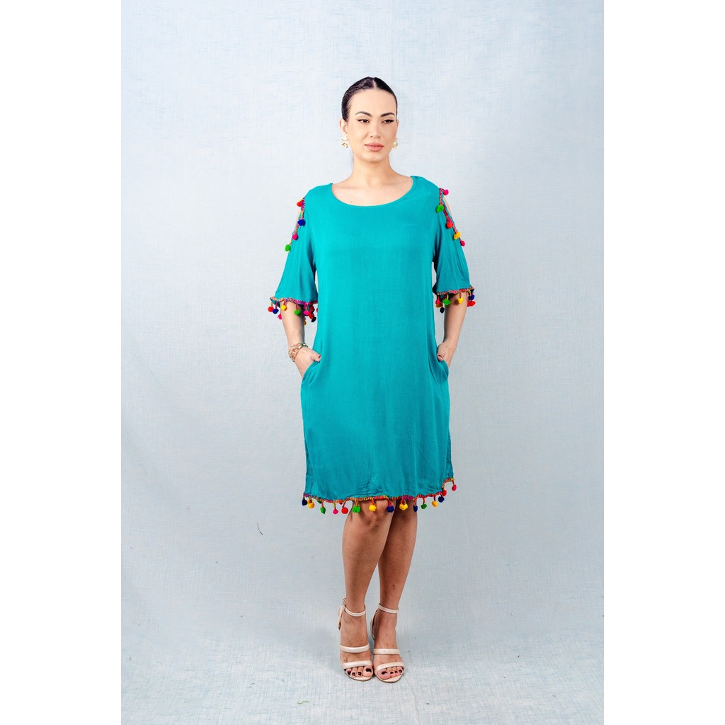 Vestido viscose curto manga curta com pompom verde #100714