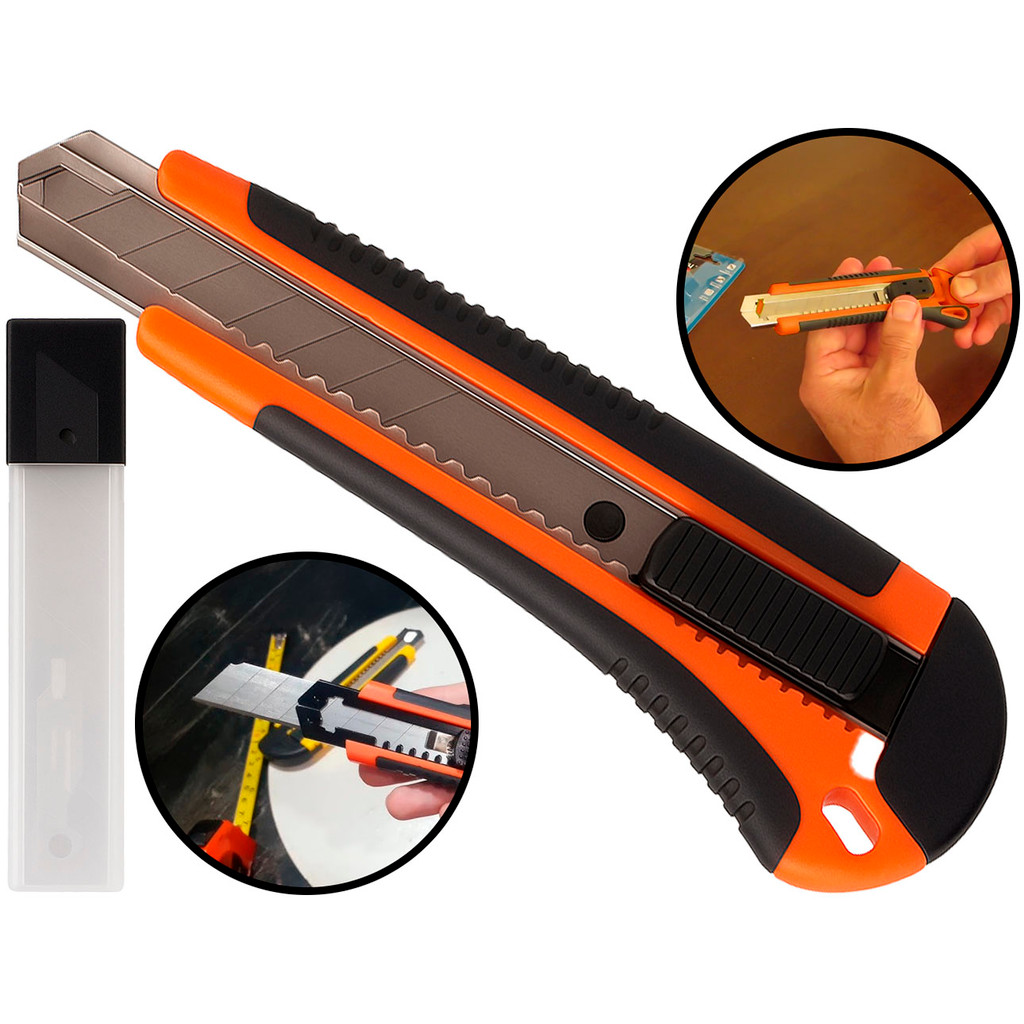 Estilete Com Trava Multiuso + Refil 4 Lâminas De Reposição 25mm Aço Carbono Profissional Hutz	