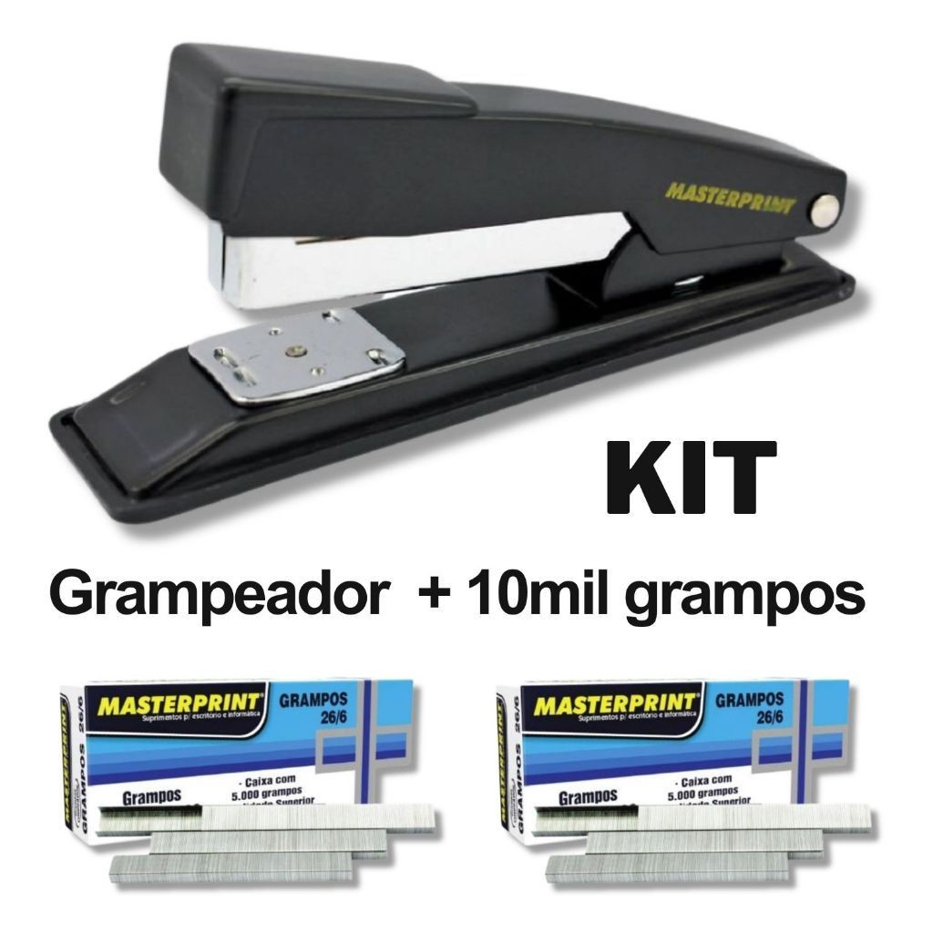 Kit Grampeador de Metal mp300 + 10.000 Grampos 26/6 Galvanizado Escolar Escritório Masterprint