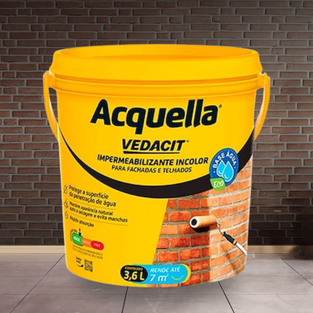 Impermeabilizante Incolor 3,6L Acquela Vedacit Base Água Obras Secagem Rápida Concreto Natural Cerâmicas Tijolo Fachada