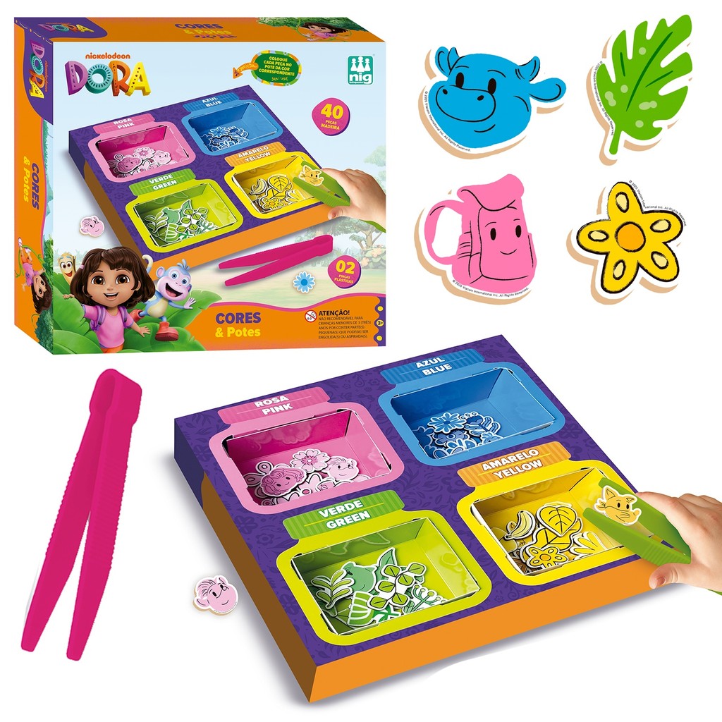 Jogo Educativo Cores & Potes Dora Aventureira Com 40 Peças De Madeira E Pinça - Nig Brinquedos