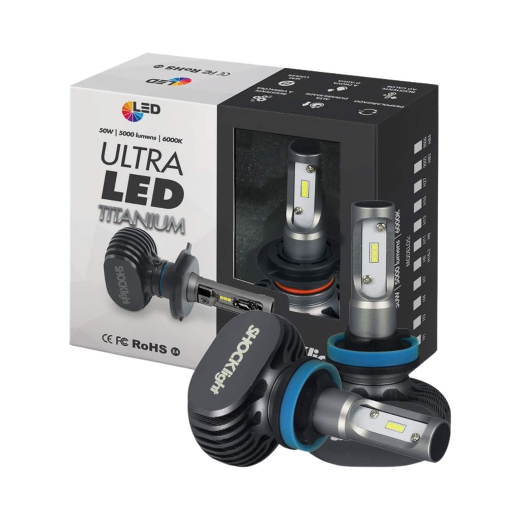 Par de Lâmpadas LED Ultraled Titanium H11 H9 6000K 50W 5000LM 12V Shocklight em Oferta na Shopee