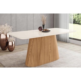 Mesa p/ Cozinha Olivia SC120 c/ Tampo Madeirado c/ Vidro Curvo 180x90cm Nature/Off White - Henn em Oferta na Shopee