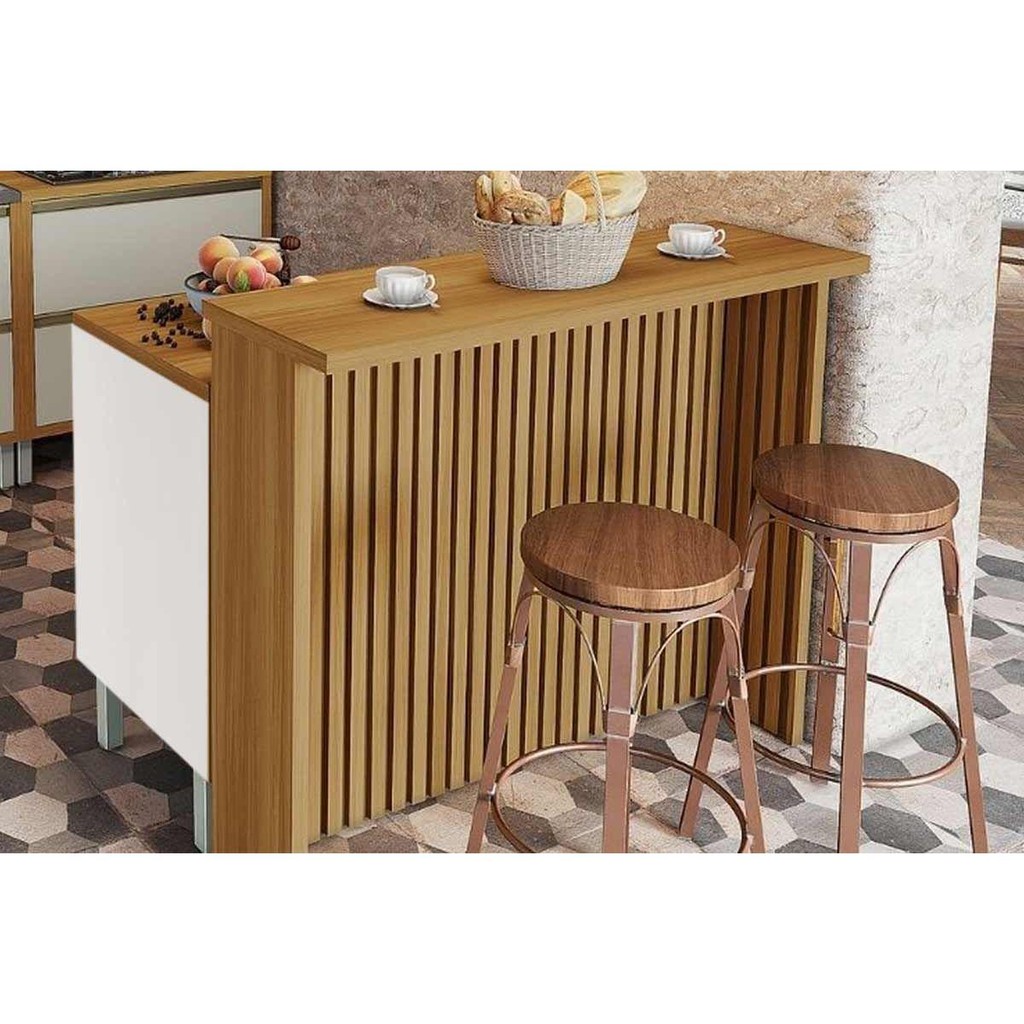 Balcão Ilha Cozinha Gourmet Marquesa c/ 1 Porta e 3 Gavetas 120cm Branca/Nature - Nesher em Oferta na Shopee