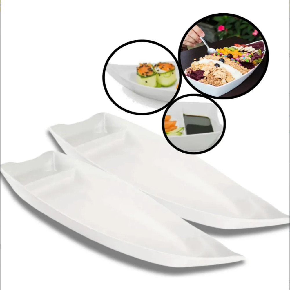 kit Com 2 Travessa Barca de Sushi Açai Melamina Branca Barco