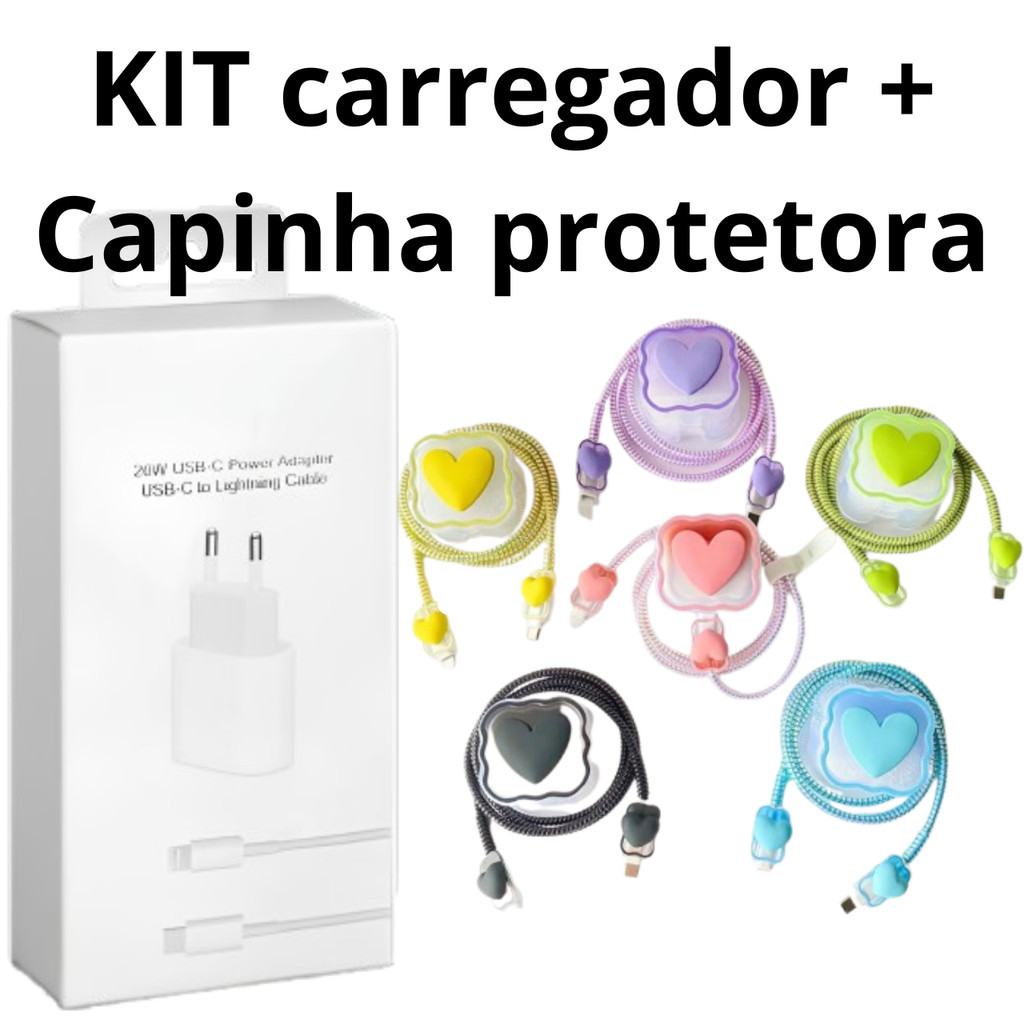 KIT Carregador IOS lightning e Capa Protetora cabo e fonte COMPLETO DE CORAÇÃO para Carregador IPHONE 18 e 20w em Oferta na Shopee