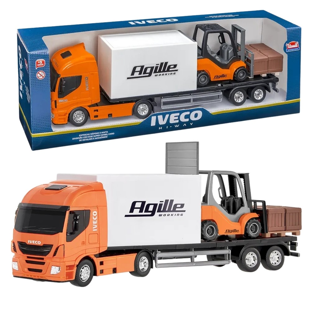 Caminhão Plataforma Iveco Hi-way C/ Empilhadeira Transporte De Carga Brinquedo Infantil - Usual
