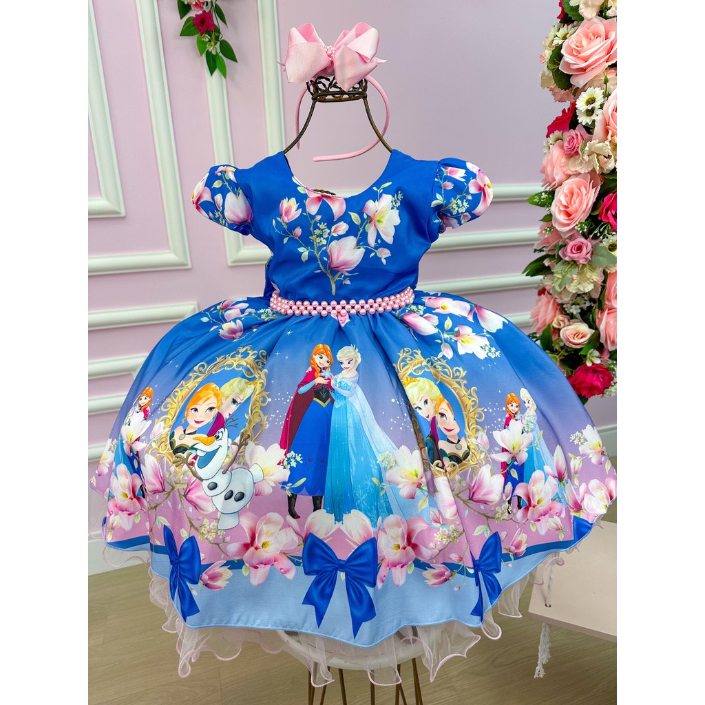 Vestido Azul Frozen Florido Infantil Festa Aniversário Menina Princesa Fofo Confortável Juvenil