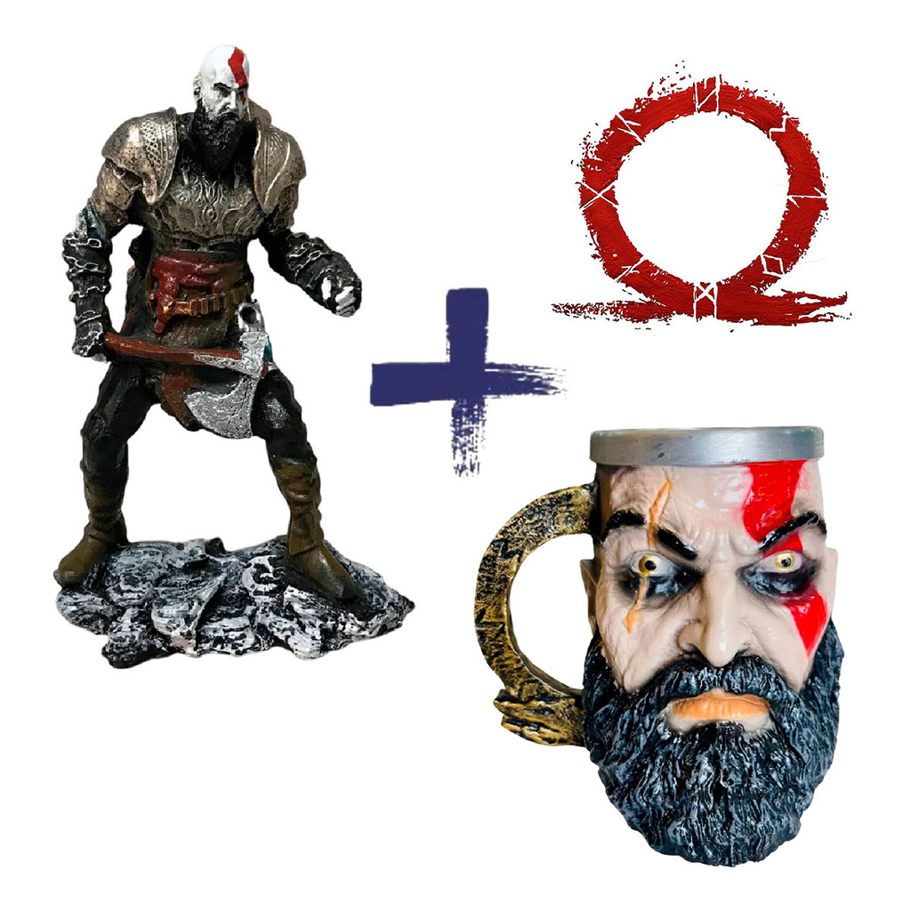 Kit Caneca Copo Kratos 3D 200ml + Estátua Boneco Action Figure Kratos Mimir God of War Playstarion Geek Gamer