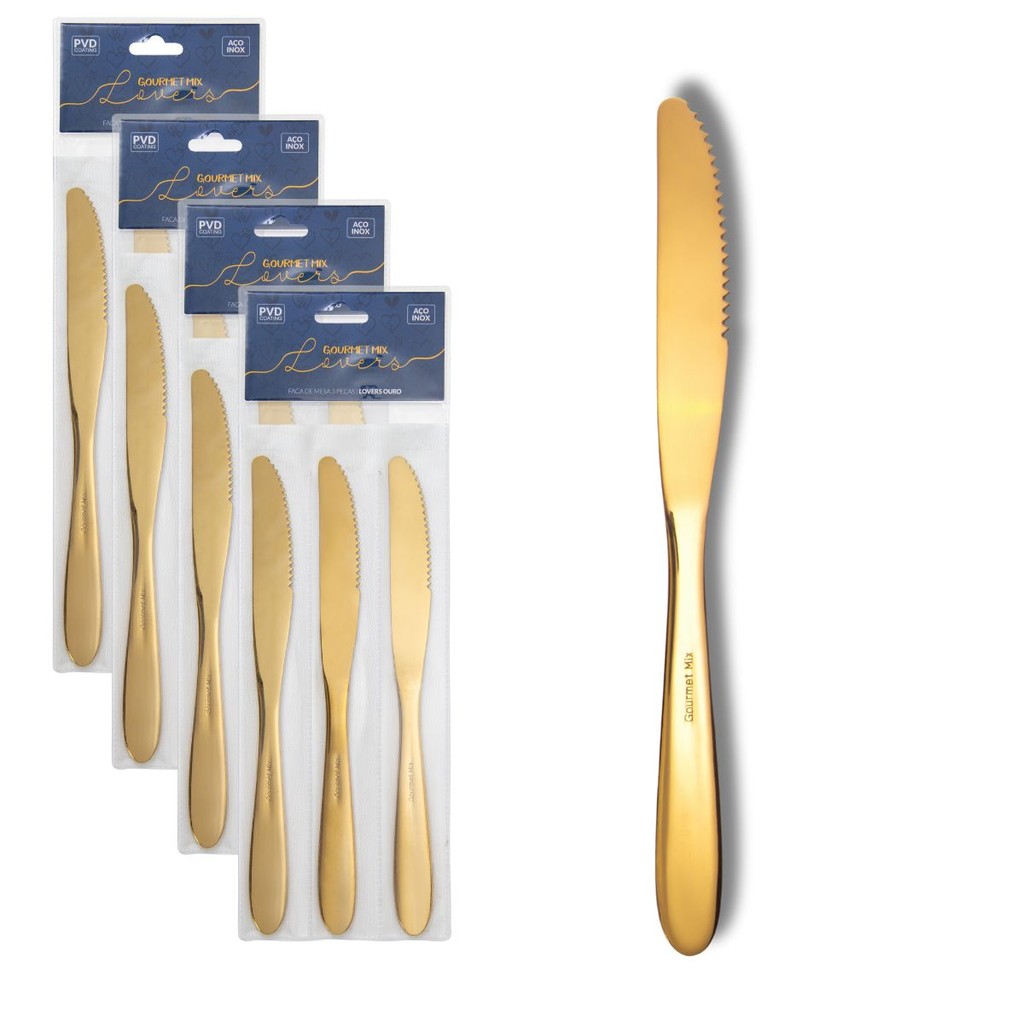 Kit 12 Facas de Mesa Aço Inox Dourado Lovers Gourmet Mix