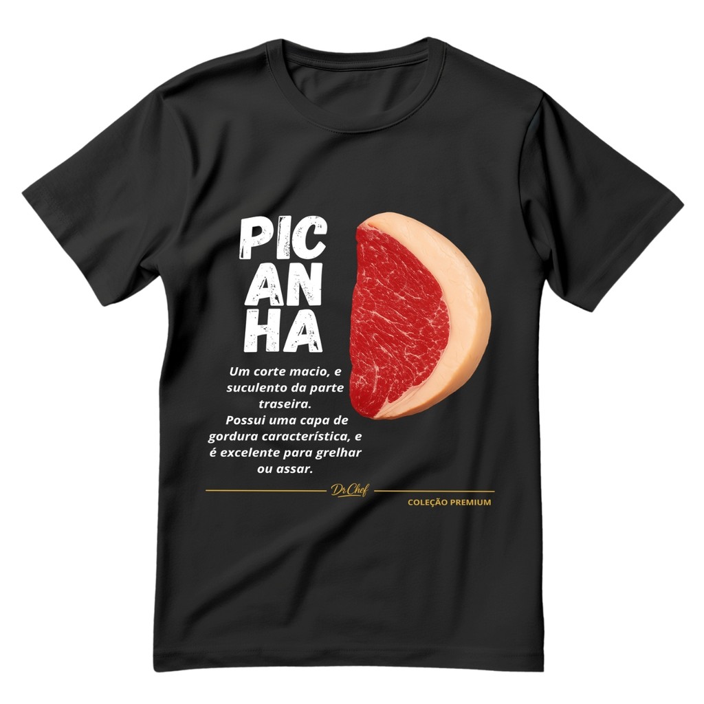 Camiseta Chef De Cozinha Unissex Estampa Picanha Blusa Manga Curta 100% Algodão Para Uniforme Passeio Presente